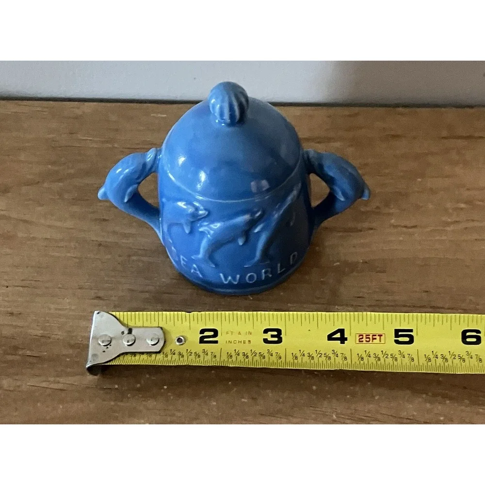 1974 Vintage Blue Sea World Ceramic Sugar Bowl with Dolphins -Japan